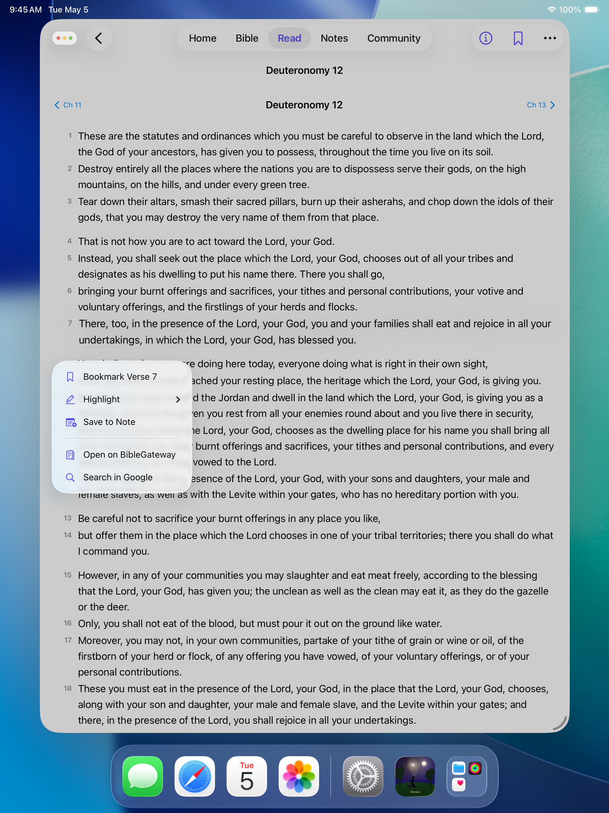Athmana reading Deuteronomy 12 on iPad with verse context menu showing Bookmark, Highlight, Save to Note, Open on BibleGateway, Search in Google